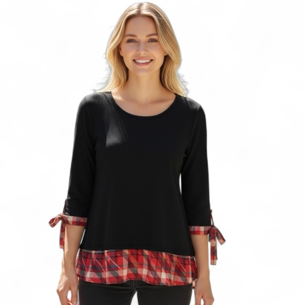 Notations Black Top with Red Plaid Accents